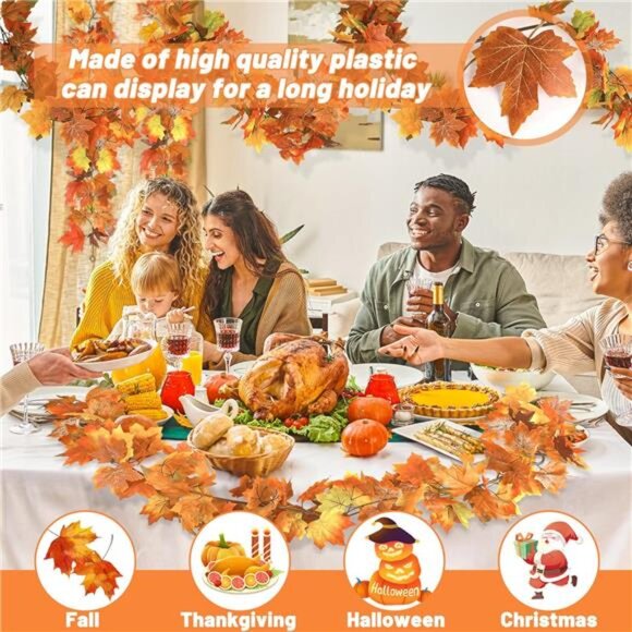 Fall Garland Set of 2 Autumn Leaf Garland 11FT Thanksgiving Decor Indoor Outdoor - Picture 4 of 7